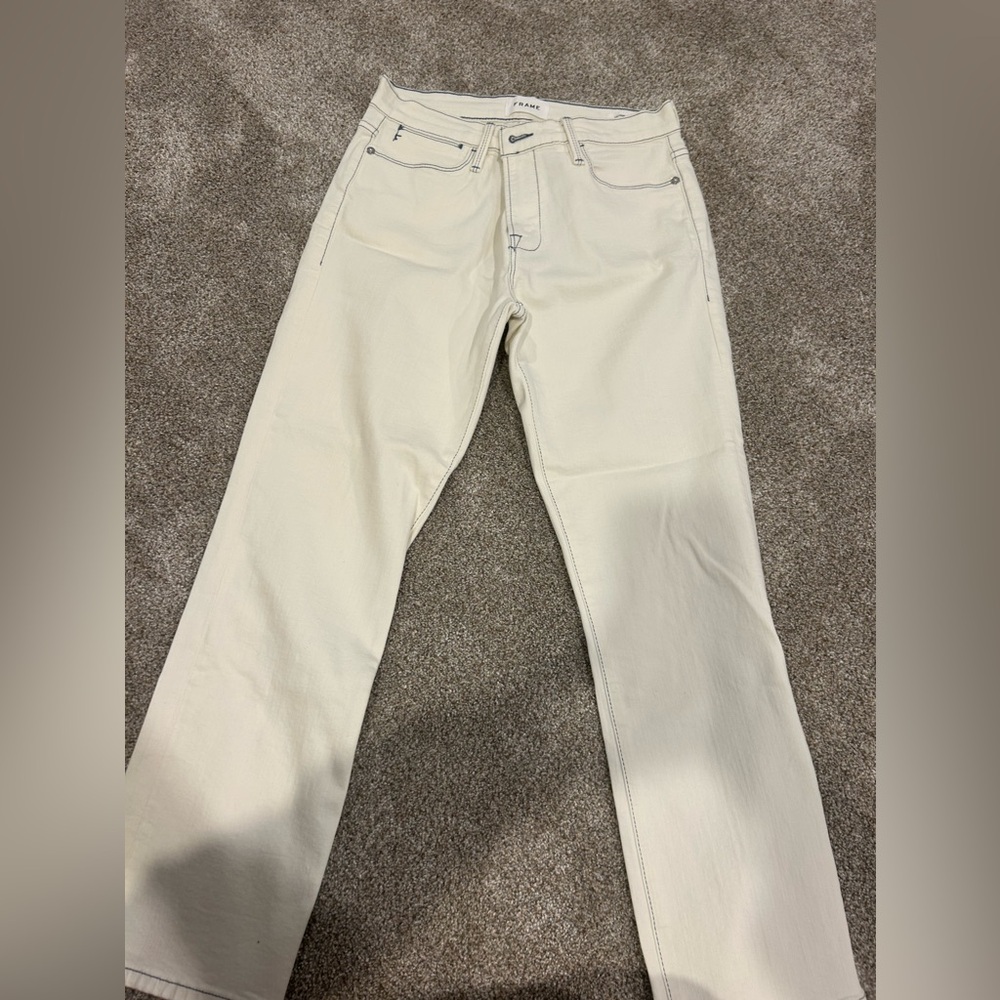 Frame jeans. Worn once. Cream and navy blue